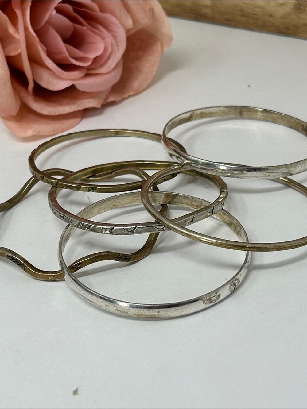 Vintage 6 Piece Mexican Silver Bangle Bracelet Set - Silver and Brass